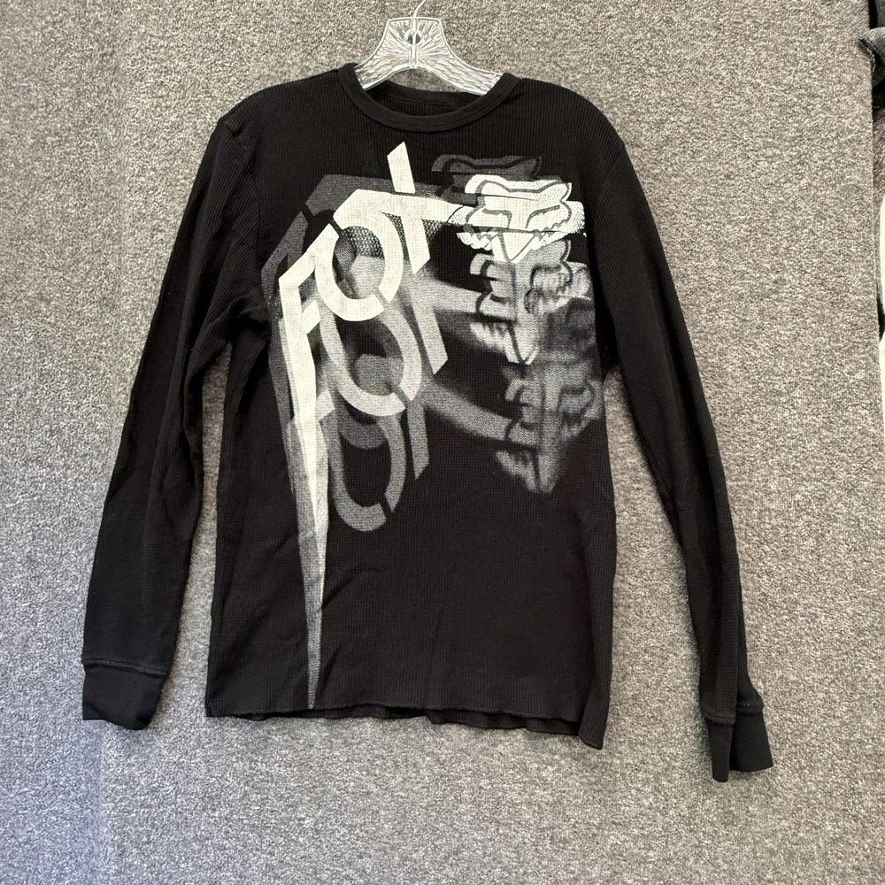 Y2K Fox Racing Waffle Knit Thermal Long Sleeve Graphic Top Black Large Moto
